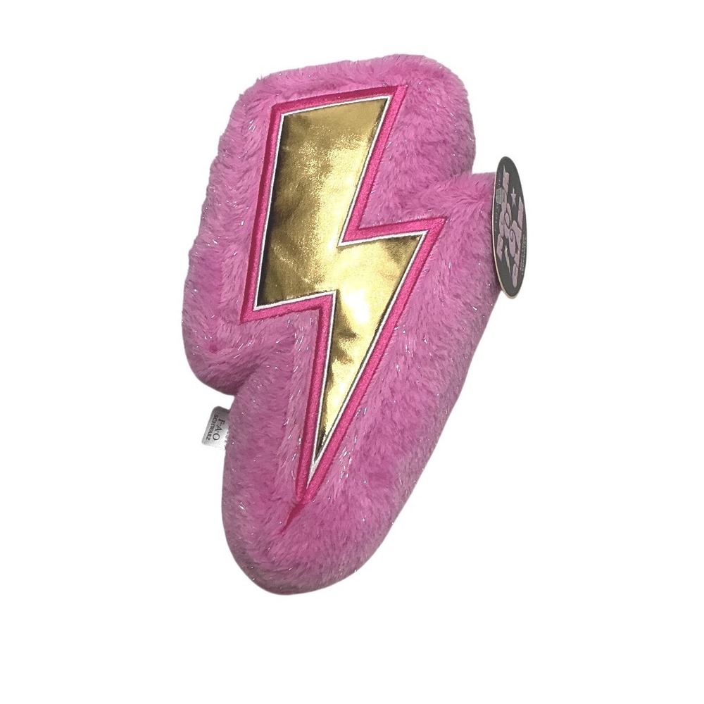 FAO Schwarz Rock Glam Pink Faux Fur Gold Lightning‎ Bolt Plush Decorative Pillow
